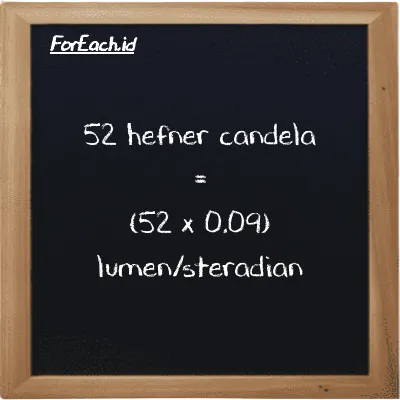 Cara konversi hefner candela ke lumen/steradian (HC ke lm/sr): 52 hefner candela (HC) setara dengan 52 dikalikan dengan 0.09 lumen/steradian (lm/sr)